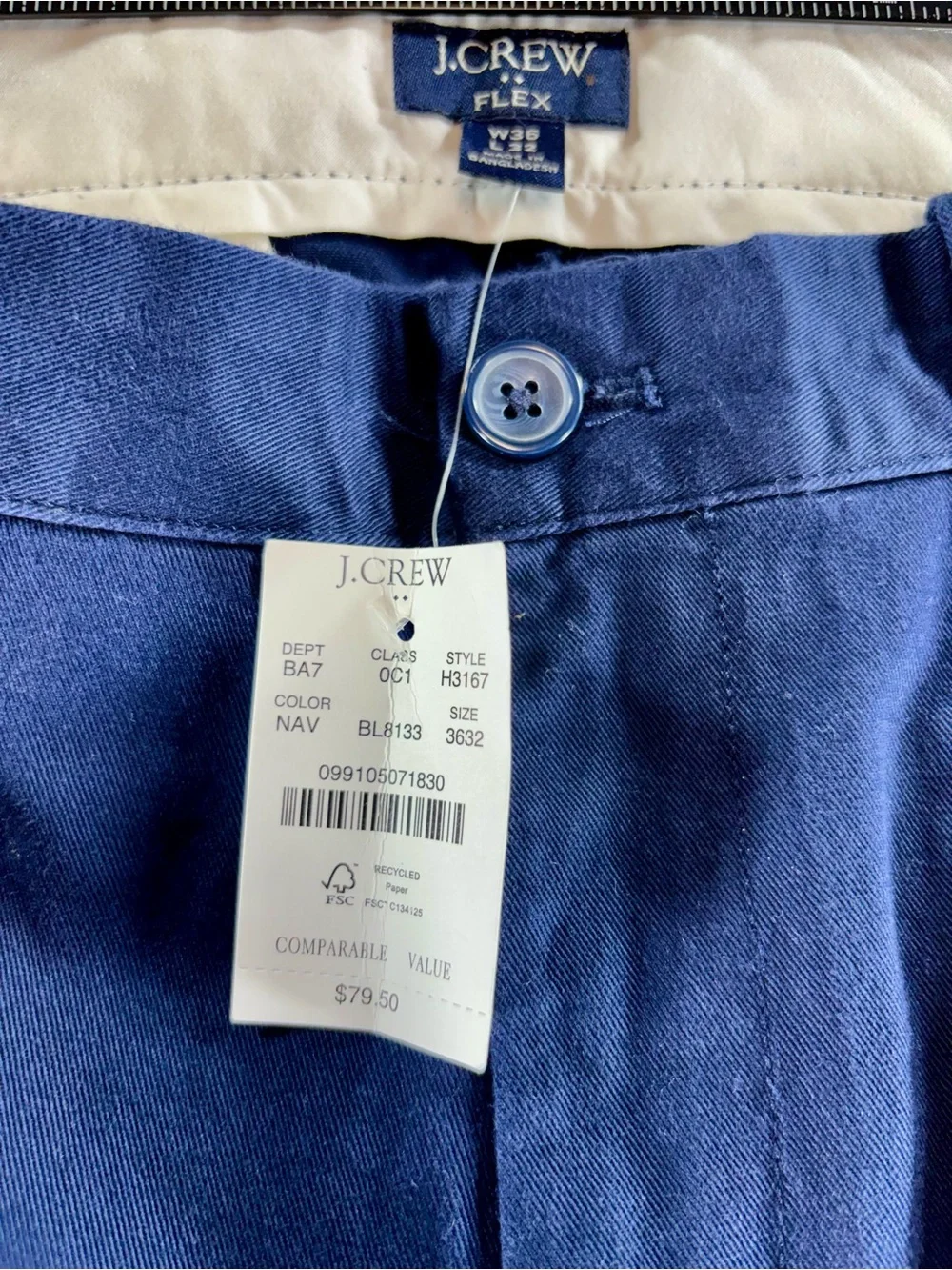 NWT J. Crew Flex Men’s Size 36/32 Navy Slim Fit Chino Pants
